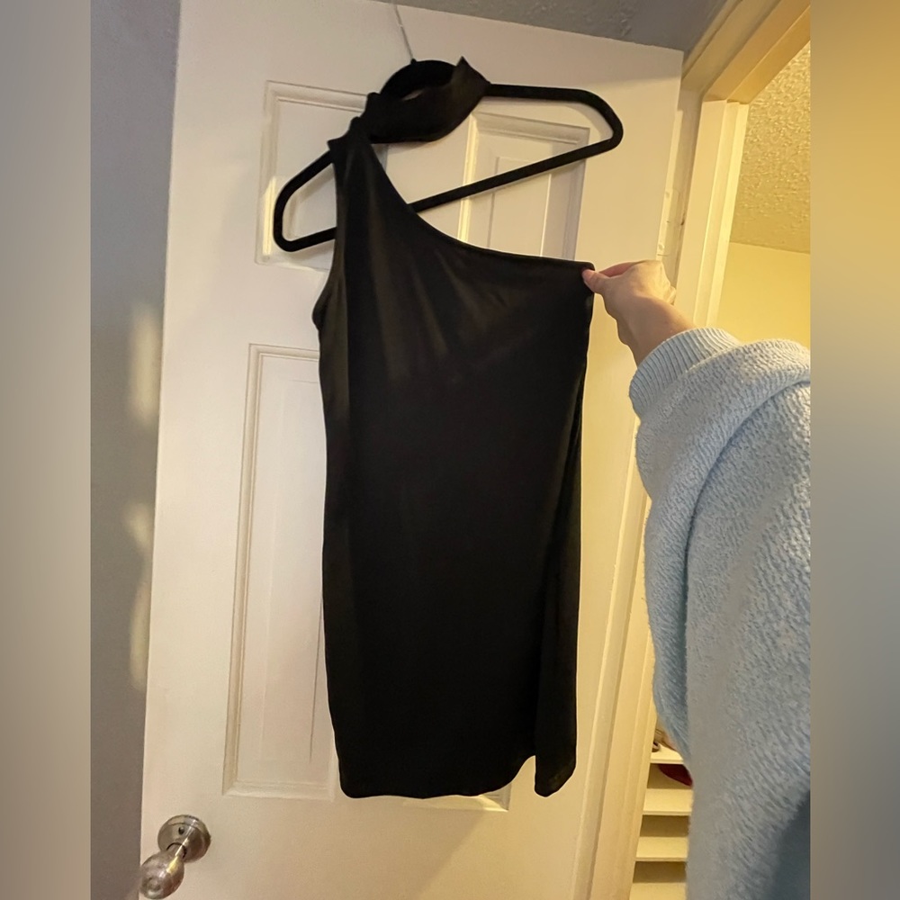 Black One Shoulder Choker Neck Mini Dress